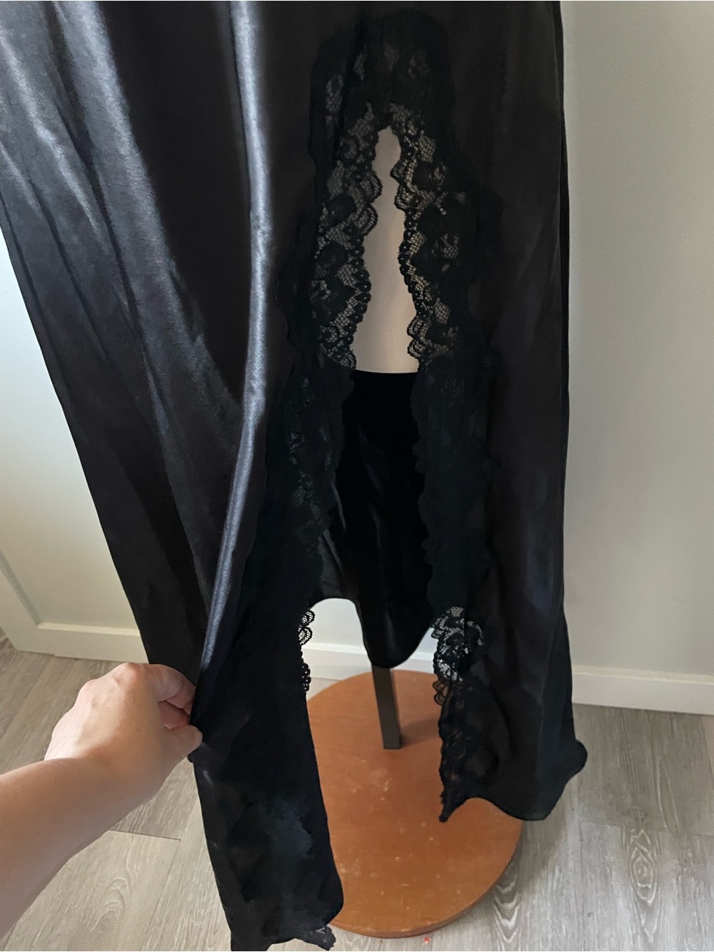 90s Y2K Vintage La Senza Black Satin Maxi Slip Dress Lace High Slit Medium - Picture 4 of 5